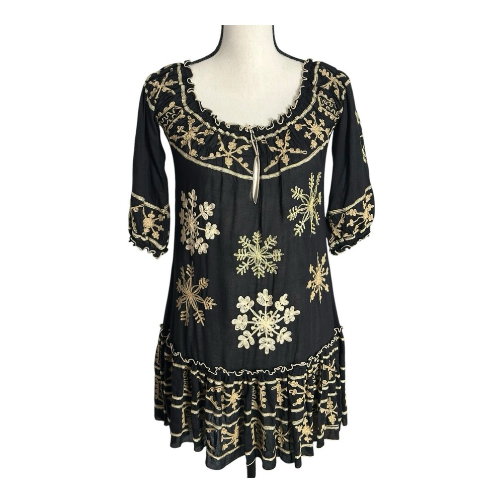 Poupette St. Barth Embroidered Mini‎ Dress Medium Black Gold